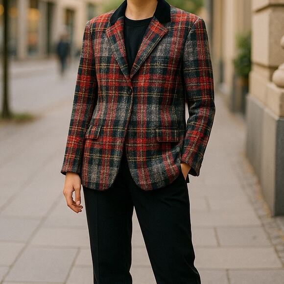 Valentino Vintage Plaid Wool Blazer Women’s Size 8 Checkered Jacket Button Front - Picture 2 of 7